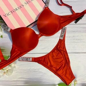 Victoria’s Secret Sexy Shine Strap Push Up Bra Set Smooth Red NWT